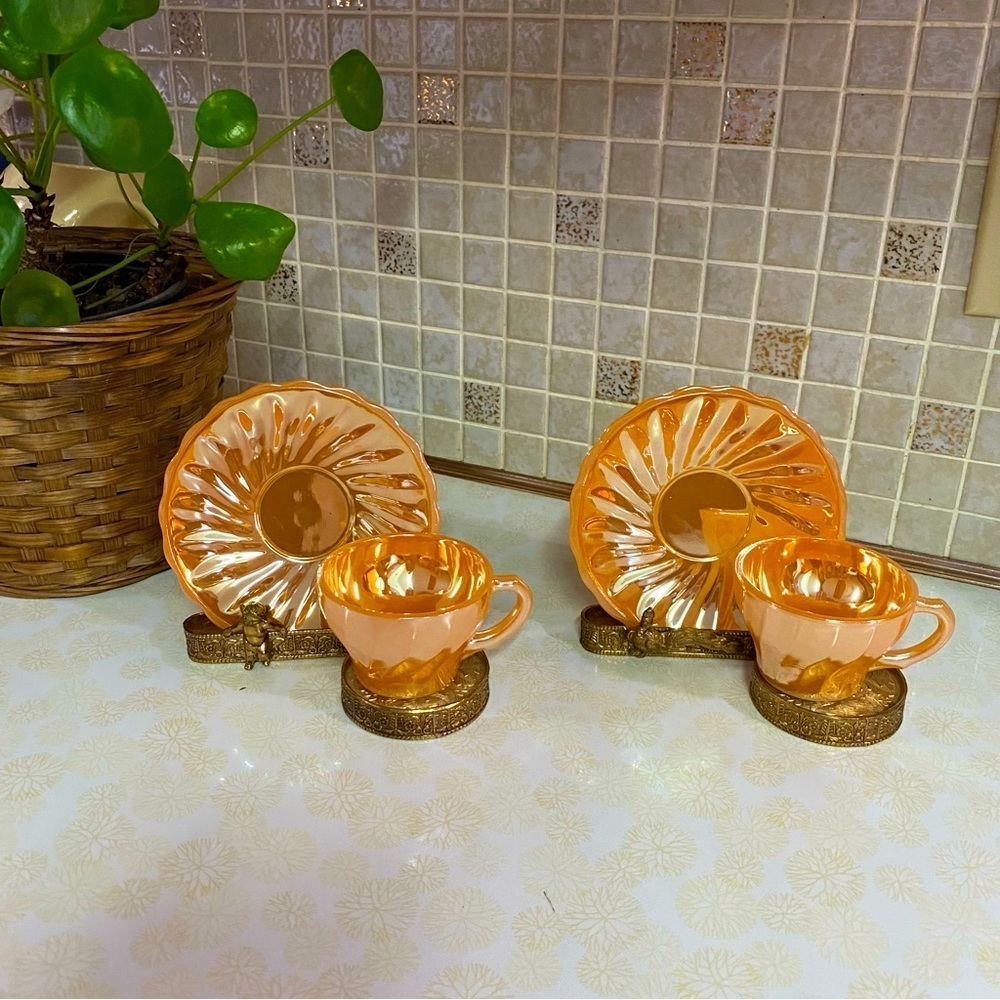 Vintage Brass Teacup & saucer display holders brass filigree ornate Victorian